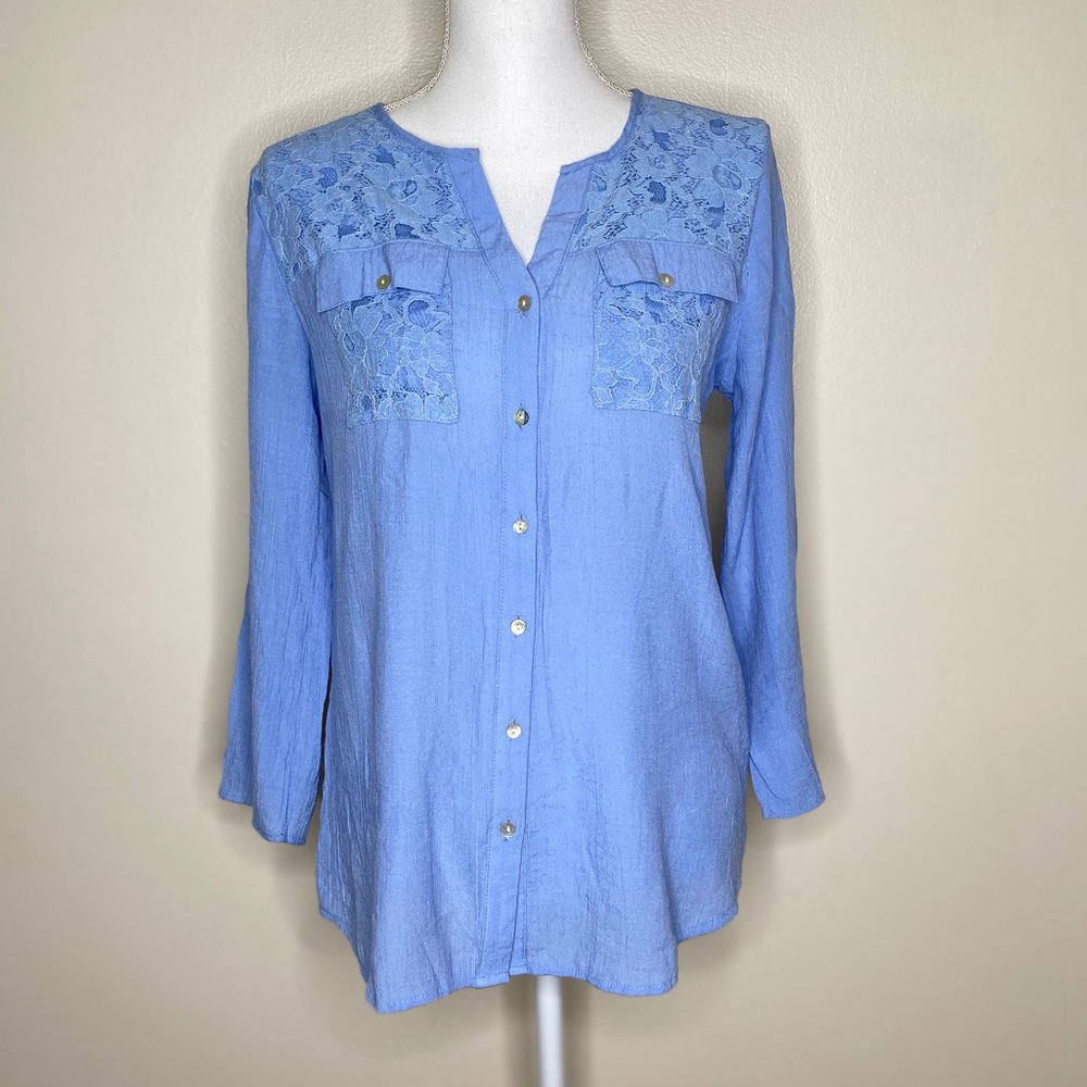 NY Collection Powder Blue Button Down With Lace